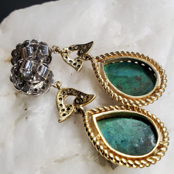 Sterling Silver 925/14k Gold Earrings Diamond African Chrysocolla Natural Stone - Picture 7 of 11